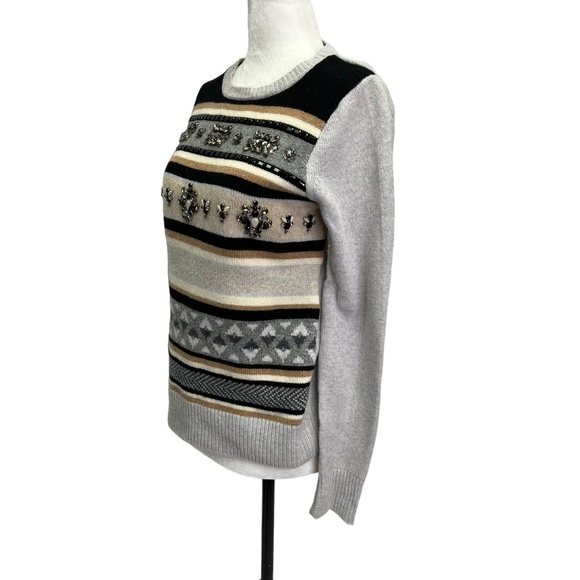 J. Crew 100% Wool Grey Long Sleeve Crew Neck Jewelled Fair Isle Sweater … - Picture 6 of 11